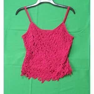 $49 10‎ Red Crochet Lace Cami Top poly with embroidery lace overlay size UK 14